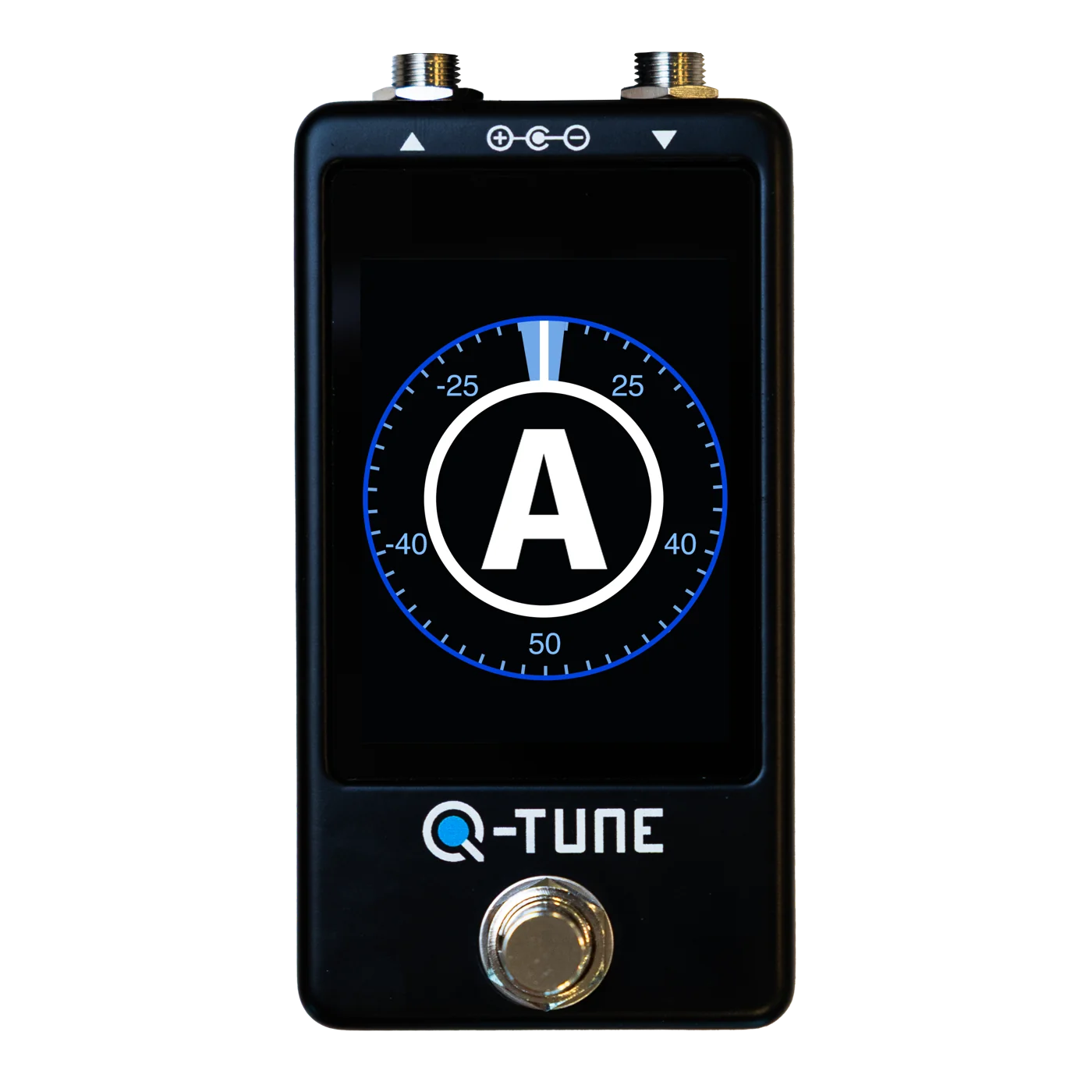 Q-Tune DIY guitar tuner pedal kit with the tuning display lit